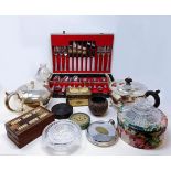 A carved horn round box, 8 cm diameter, two silver plated teapots, and assorted other items (box)