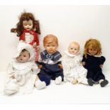 A German bisque headed baby doll, 47 cm, and four other dolls (box) Provenance: From a vast single