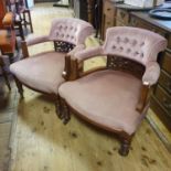 A pair of walnut framed tub chairs, a pair of Queen Anne style walnut single chairs, a wingback