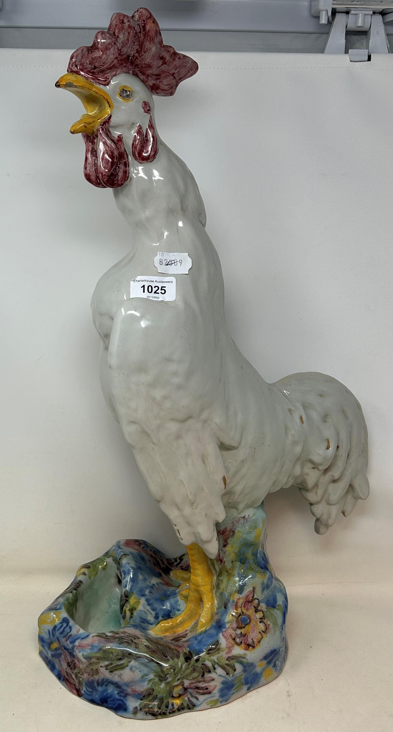 A large Italian majolica figure of a cockerel, 60 cm high