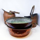 A brass and copper preserve pan, 48 cm wide, a copper bowl and two coal bins (4)