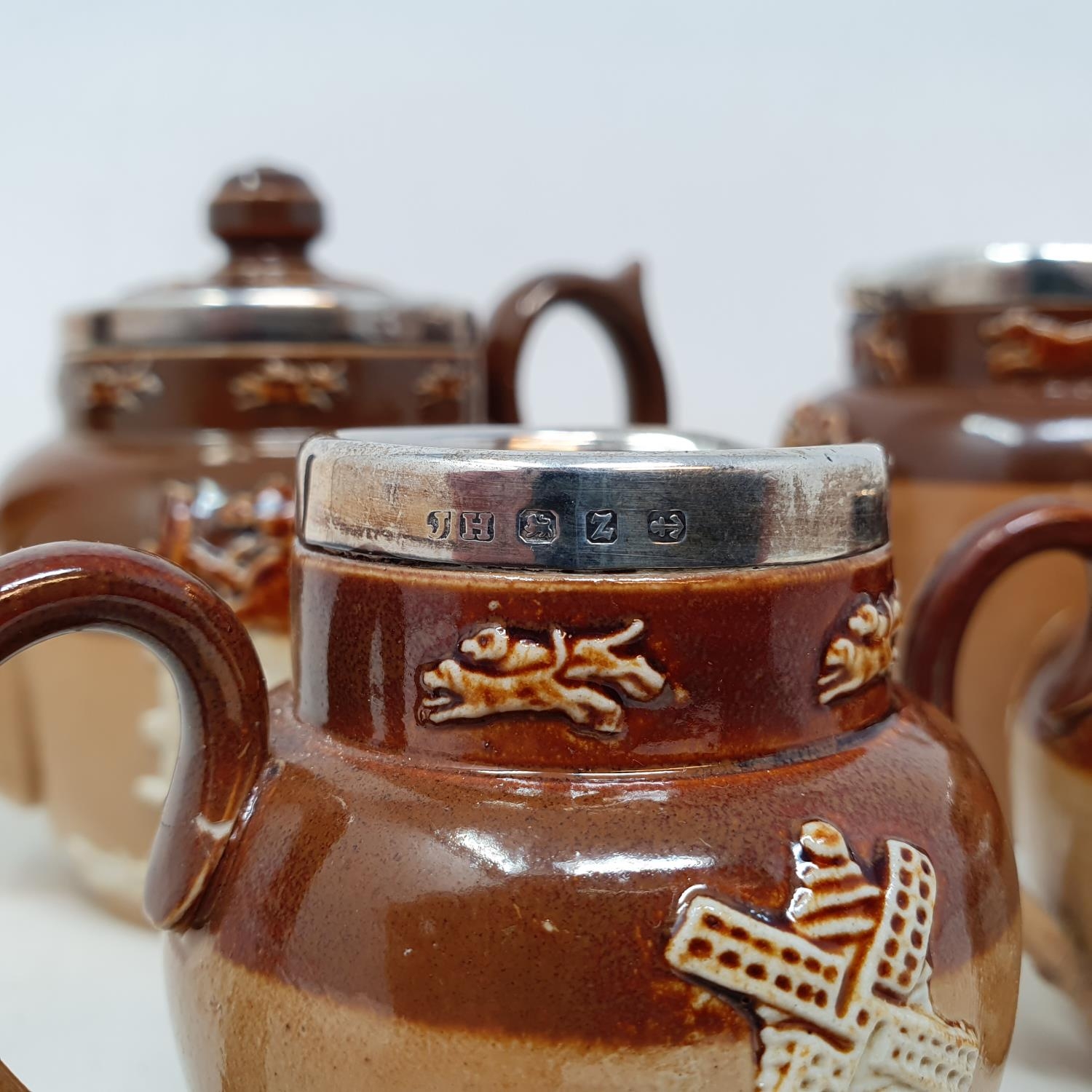 A Doulton Lambeth four piece tea service, with silver mounts (4) No major faults found, marks - Image 2 of 4