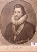 An 18th century print, of James I, 35 x 24 cm Various staining