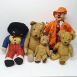 A well loved plush blonde teddy bear, 64 cm, a clown, and three other bears (box) Provenance: From a