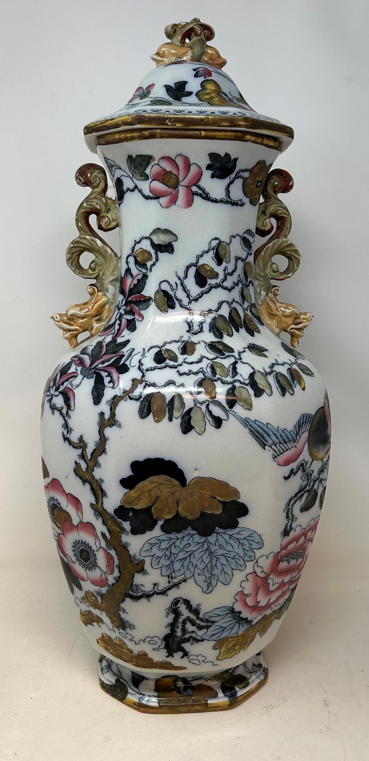 A Mason's Ironstone vase and cover, decorated flowers, 50 cm high General wear, especially to the