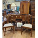 A mahogany serpentine front sideboard, 122 cm wide, two bedroom mirrors, a corner cabinet, and