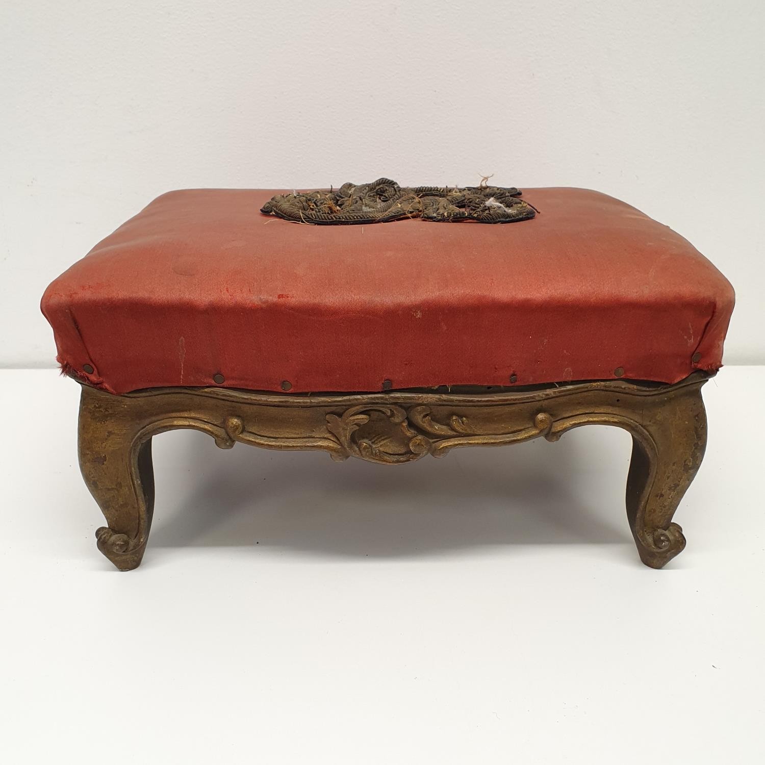 A carved giltwood footstool, with a VR type cypher, 36 cm wide, and another, 34 cm wide (2) - Image 2 of 8