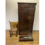 An oak cupboard, 85 cm wide, a brass fire screen, a stool, and two boxes Cupboard diamensions 153 cm