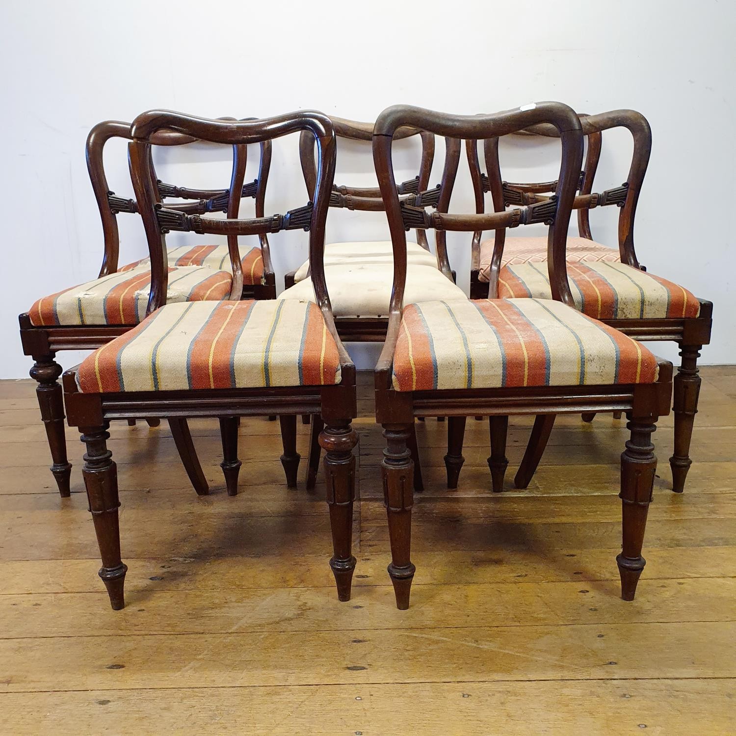 A set of eight 19th century mahogany balloon back dining chairs, with drop in seats, on turned - Image 2 of 6