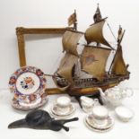 A model of a galleon, a pair of glass decanters, a Limoges plate and assorted other items (4 boxes)