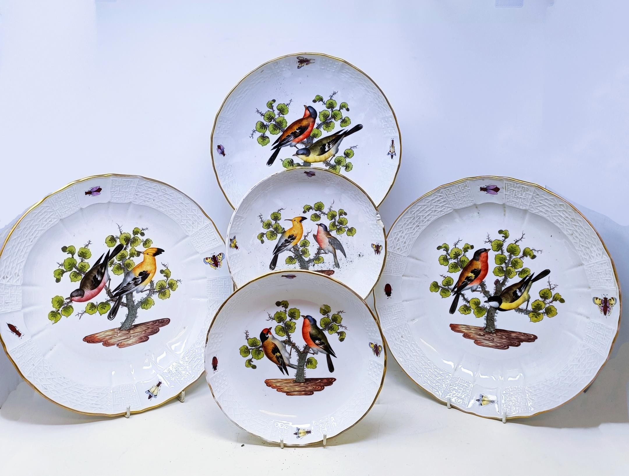 An extensive Meissen Augustus Rex Ornithological dinner service, decorated exotic birds, insects and - Image 14 of 25