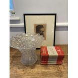 A cut glass vase 27 cm diameter, the works Greene (Graham), 5 vol. and a portrait print (7)