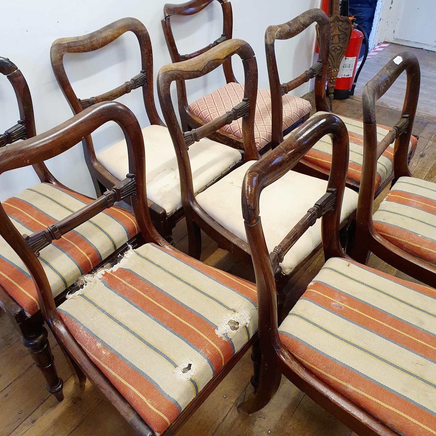 A set of eight 19th century mahogany balloon back dining chairs, with drop in seats, on turned - Image 3 of 6