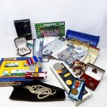 Assorted first day covers, two medals, assorted costume jewellery, perfume bottles, and other