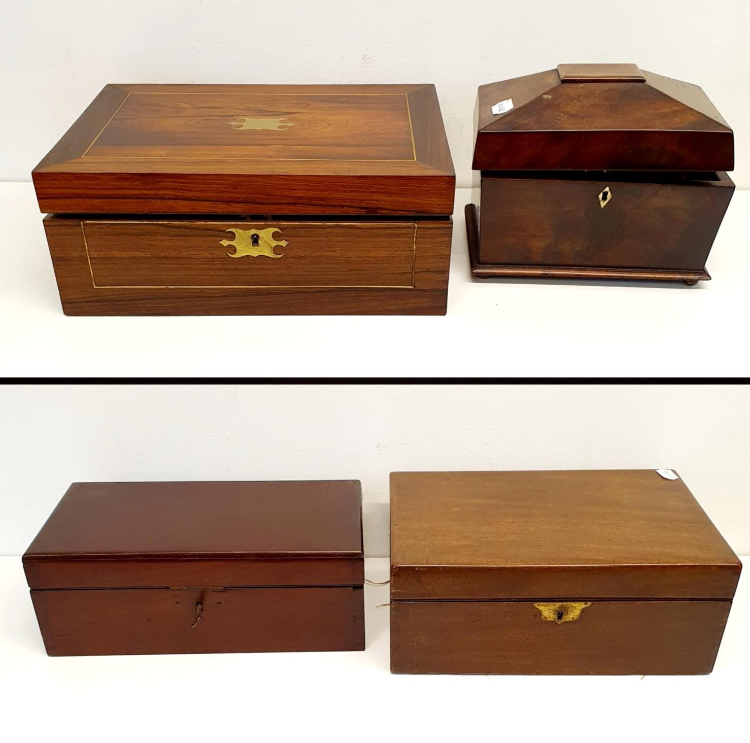 A 19th century rosewood writing box, 35 cm wide, and three other boxes (4)