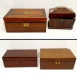 A 19th century rosewood writing box, 35 cm wide, and three other boxes (4)