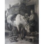 A 19th century print of a horse, 88 x 68 cm, in a birdseye maple frame