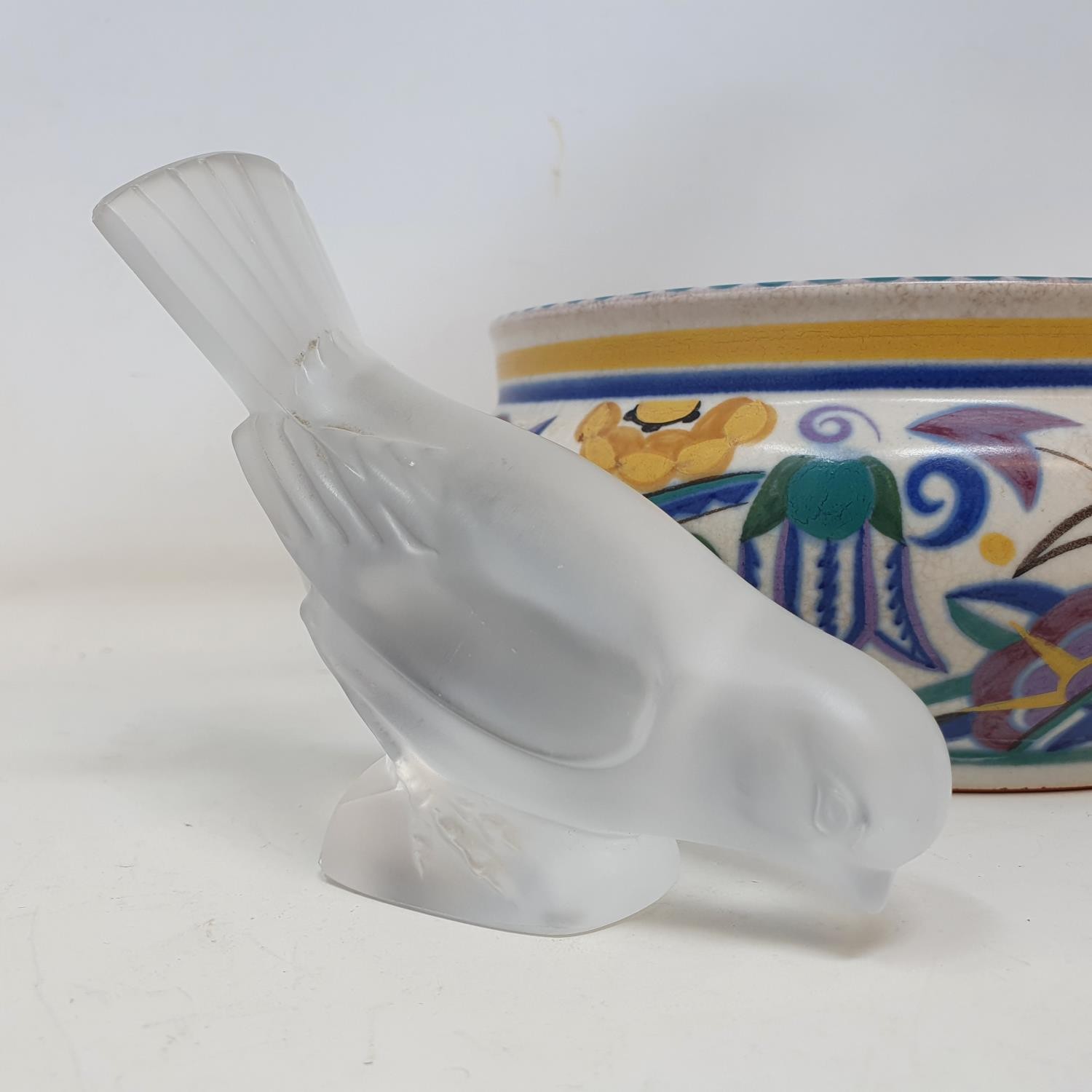 A Lalique glass bird, 10 cm high and a Poole Pottery bowl, 19 cm diameter (2) - Image 2 of 4