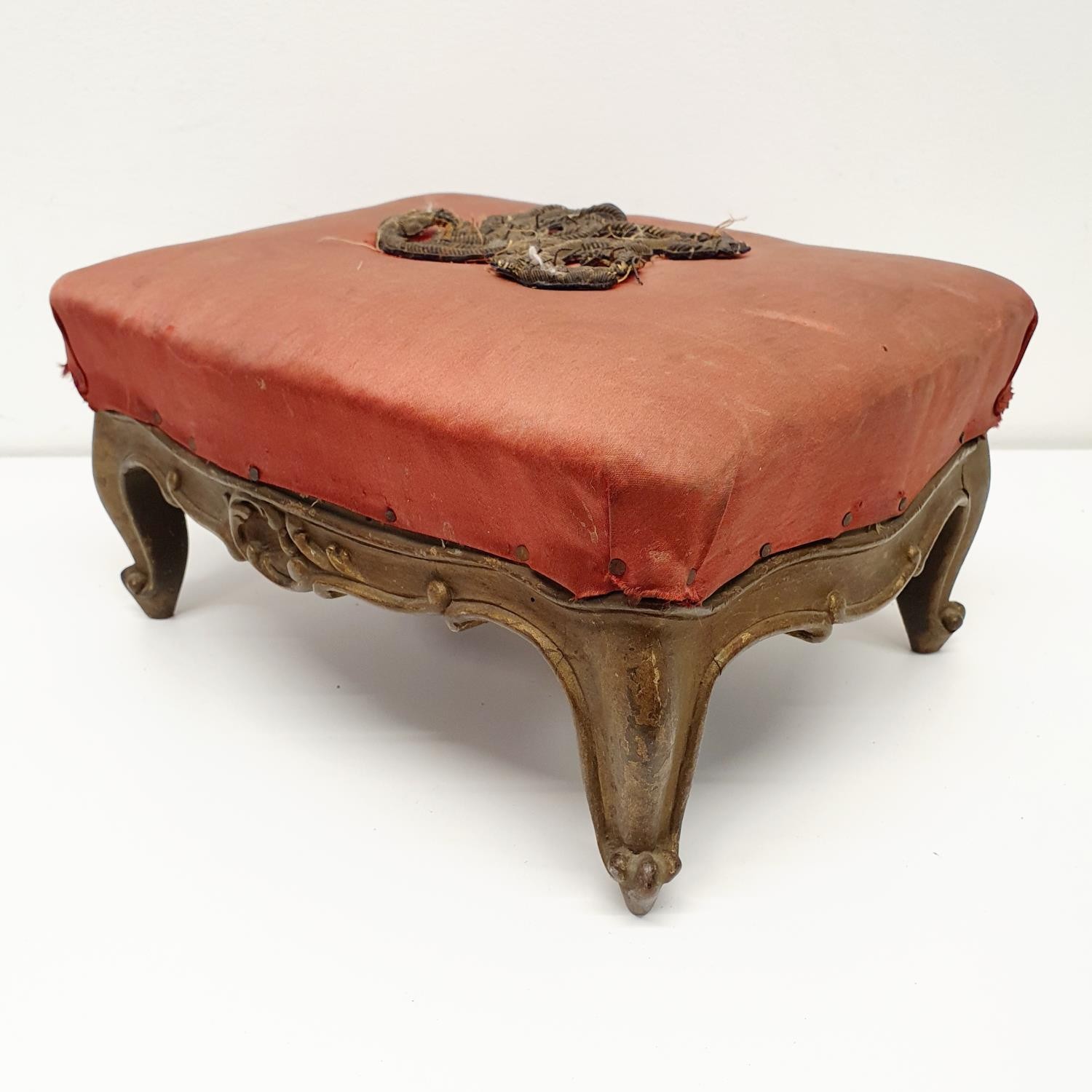 A carved giltwood footstool, with a VR type cypher, 36 cm wide, and another, 34 cm wide (2) - Image 5 of 8