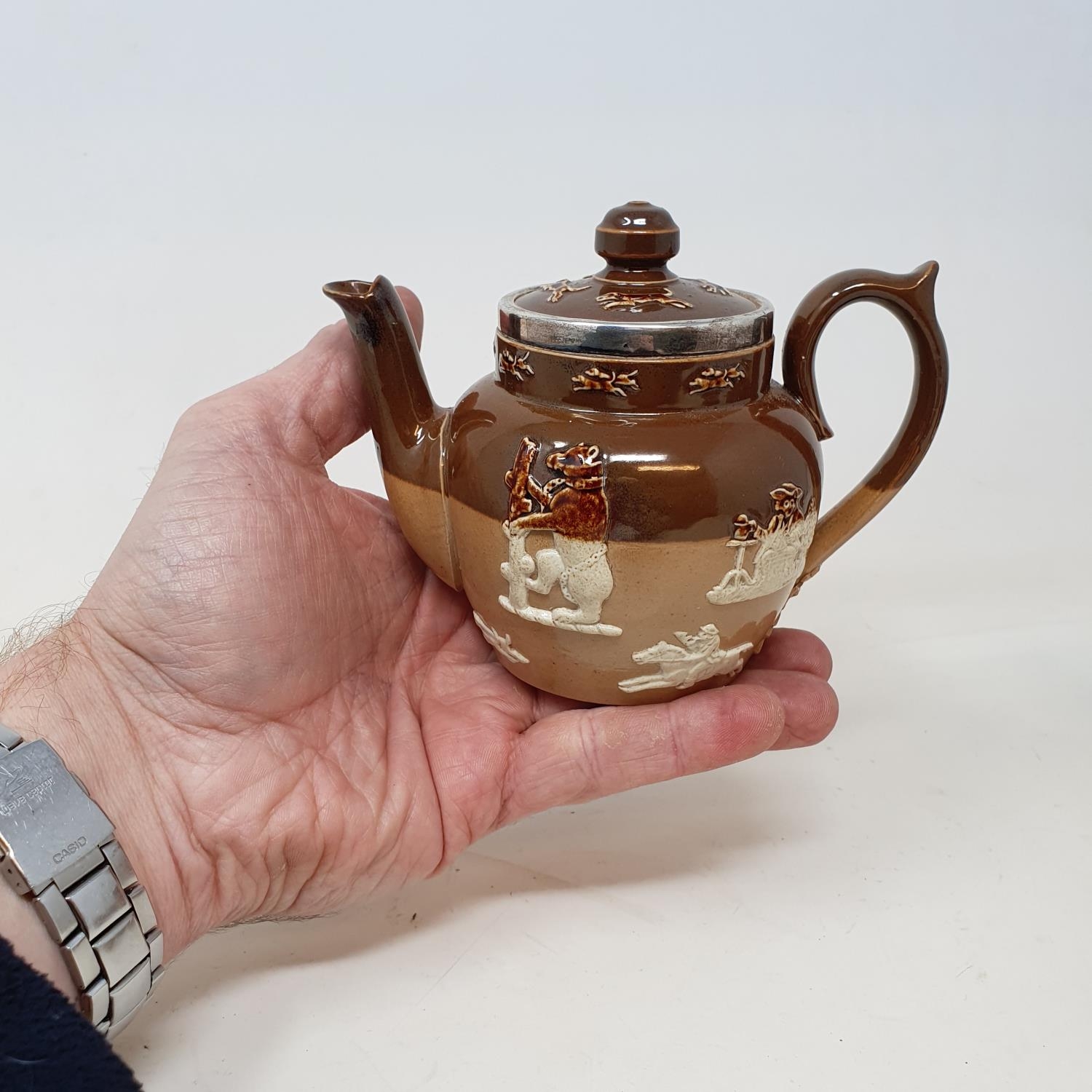 A Doulton Lambeth four piece tea service, with silver mounts (4) No major faults found, marks - Image 4 of 4