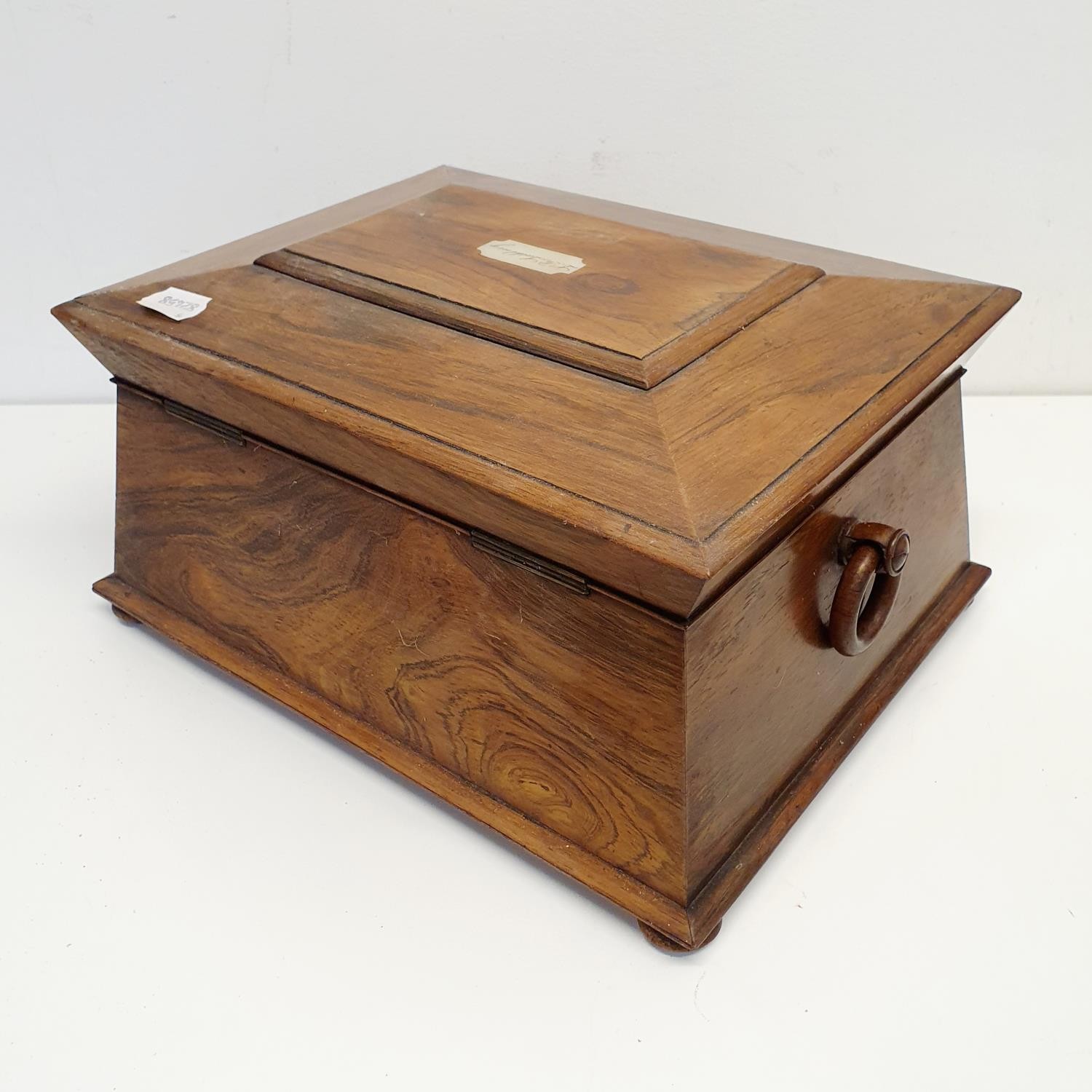 A 19th century rosewood sarcophagus shaped jewellery box, lacking interior, 33 cm wide - Image 4 of 5