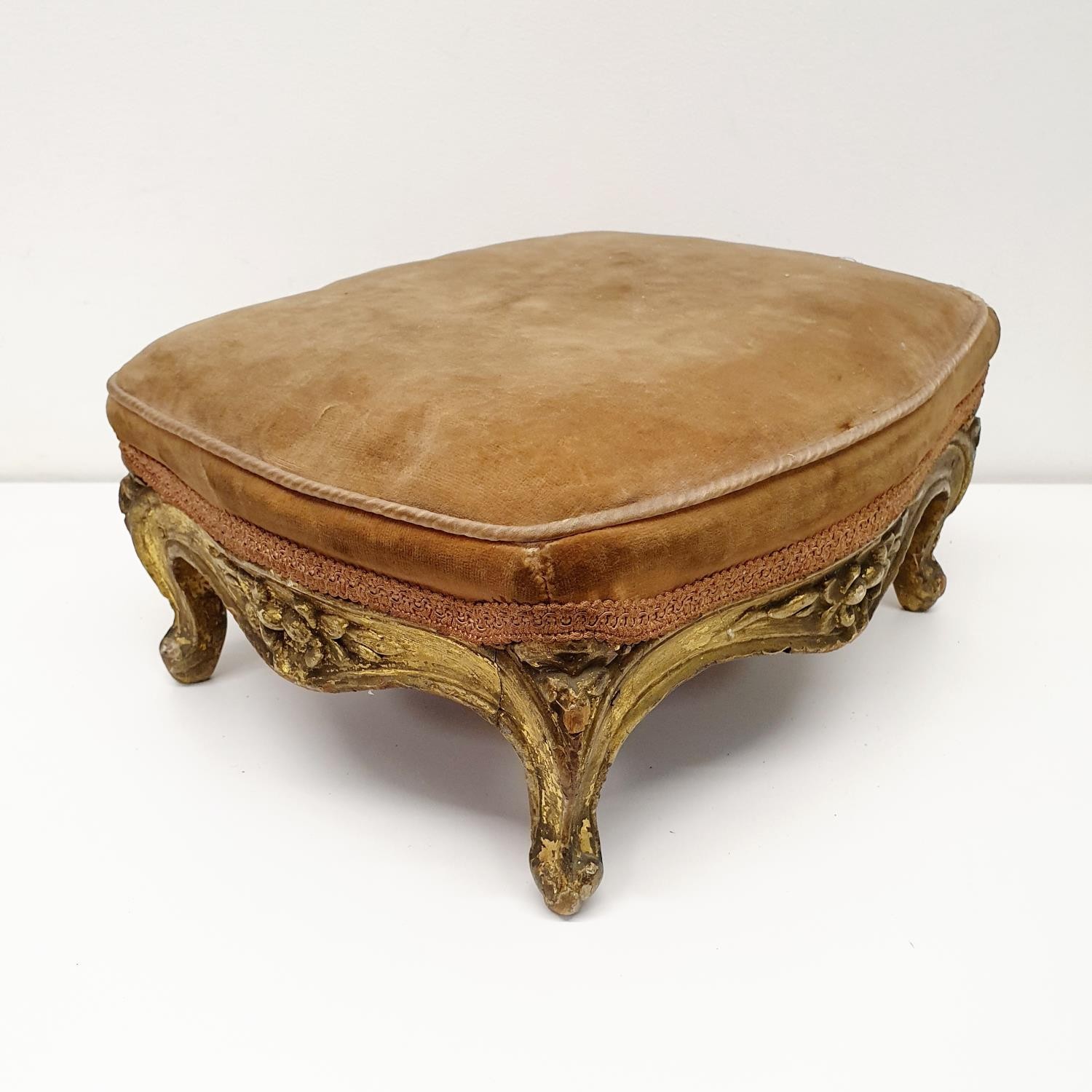 A carved giltwood footstool, with a VR type cypher, 36 cm wide, and another, 34 cm wide (2) - Image 4 of 8