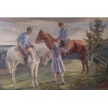 20th century, study of two officers on horseback with an attendant servant, oil on board,