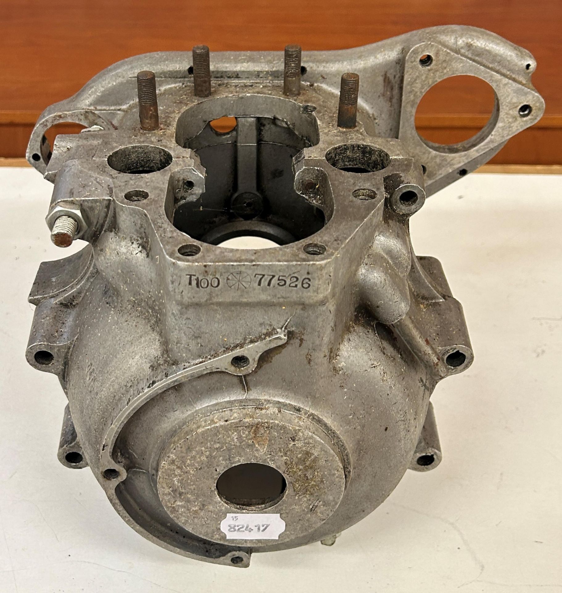A Triumph T100 motorcycle engine casing, stamped T100 77526