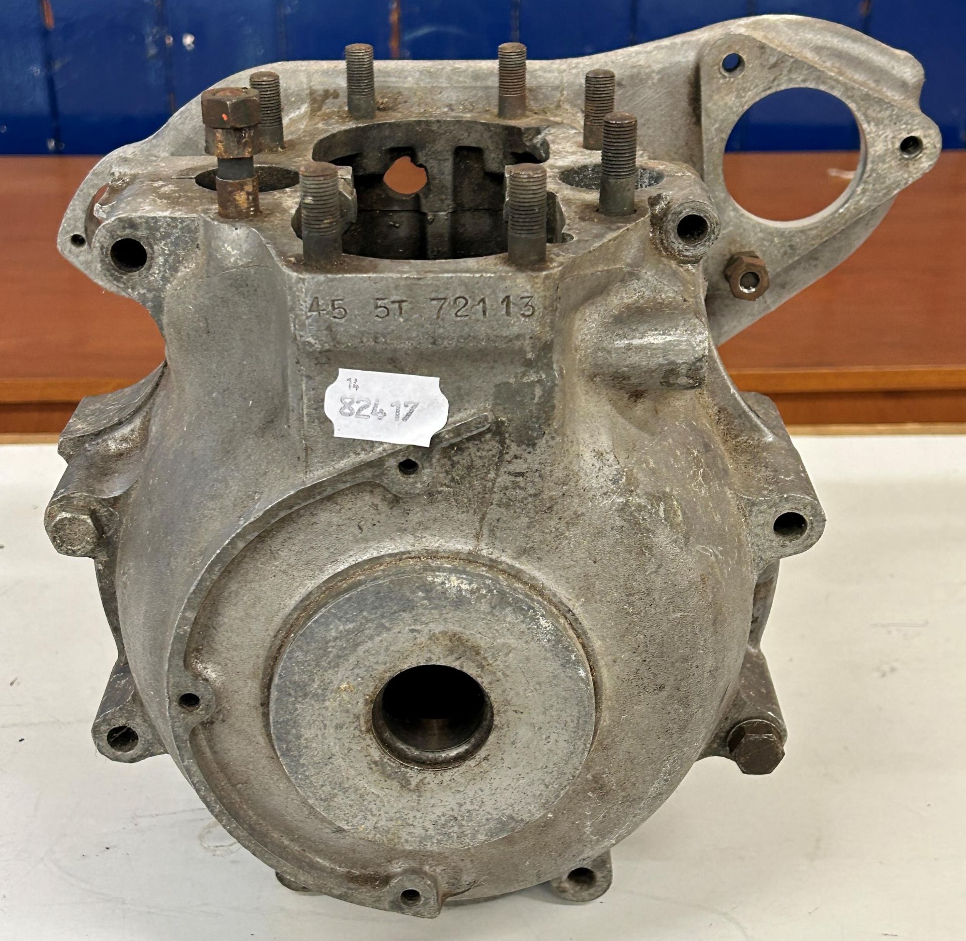 A Triumph 5T motorcycle engine casing, stamped 45 5T 72113