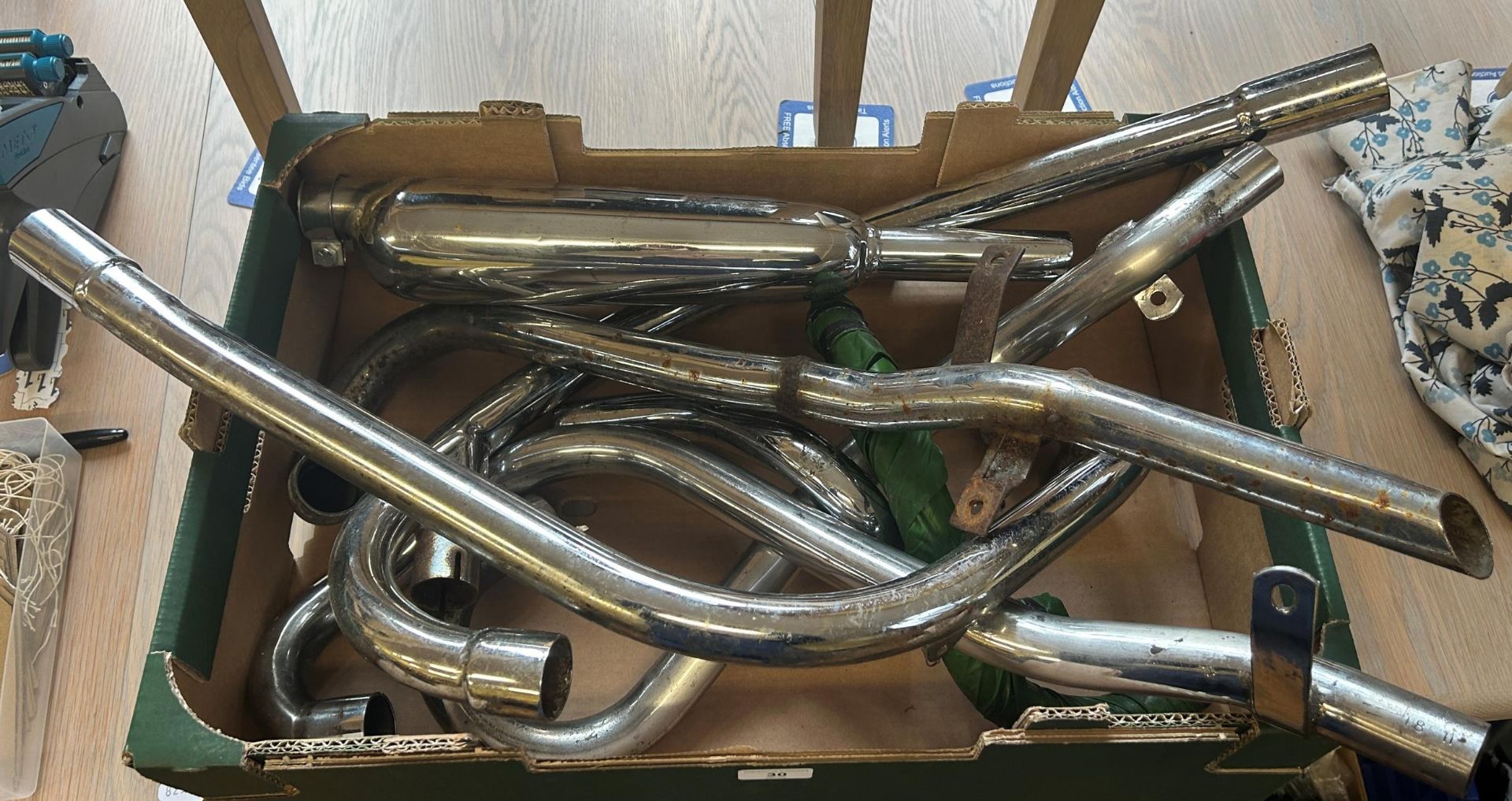 Assorted classic motorcycle exhaust pipes (box)