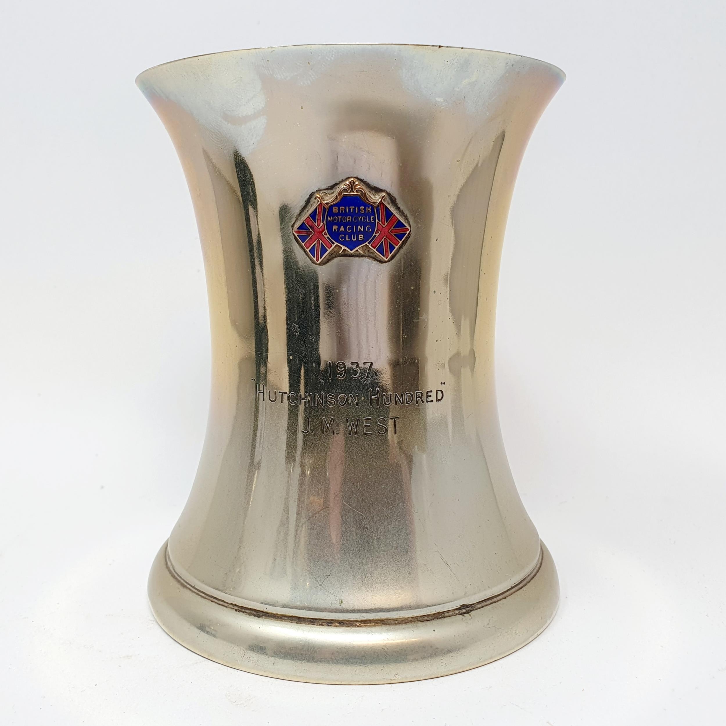 A silver plated tankard, with British Motorcycle Racing Club enamel badge, Brooklands 1937