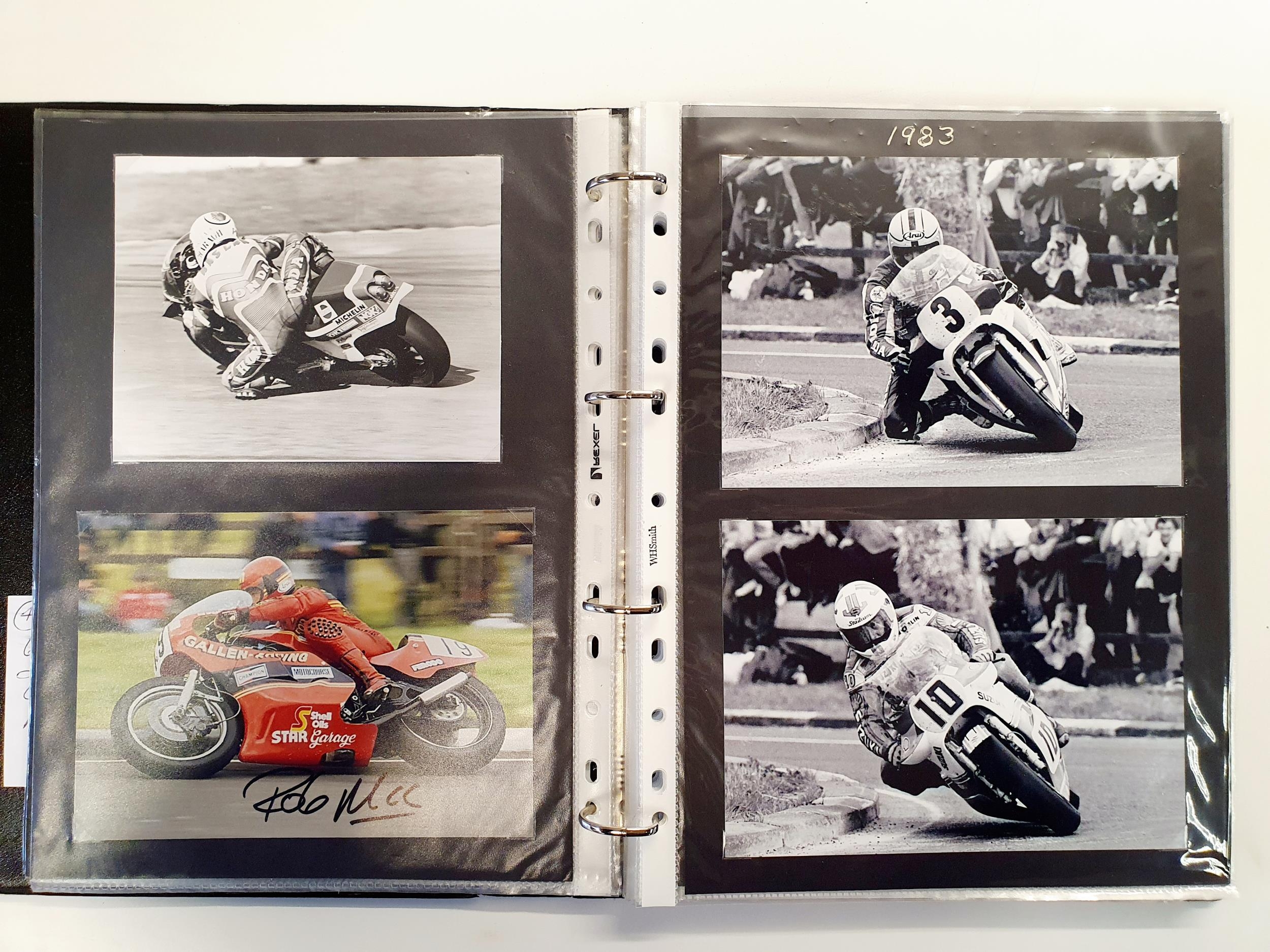 An album of 63 motorcycle racing photographs and images, four signed, 1980-1989 Provenance: From The