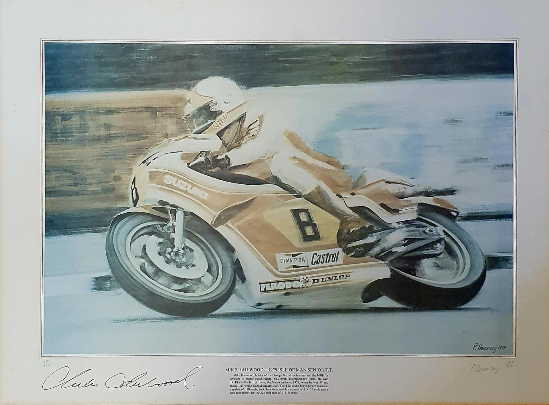 A Peter Hearsey limited edition print, Mike Hailwood - 1979 Isle of Man Senior TT, signed by Mike