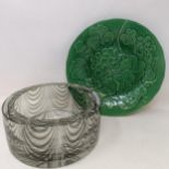 An Art Glass vase, and a green glazed leaf plate (2) Green glazed leaf plate is damaged