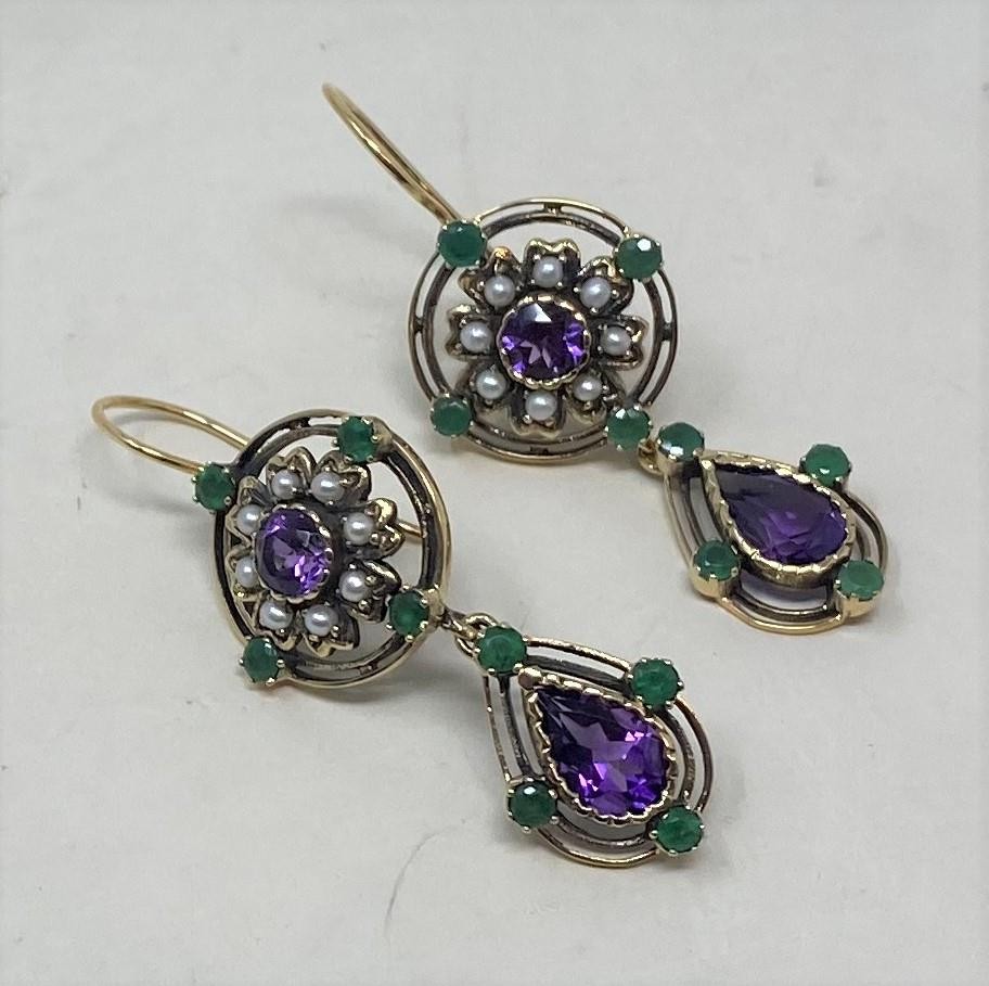 A pair of 9ct gold, emerald, amethyst and pearl earrings Condition good, a 20th/21st century copy