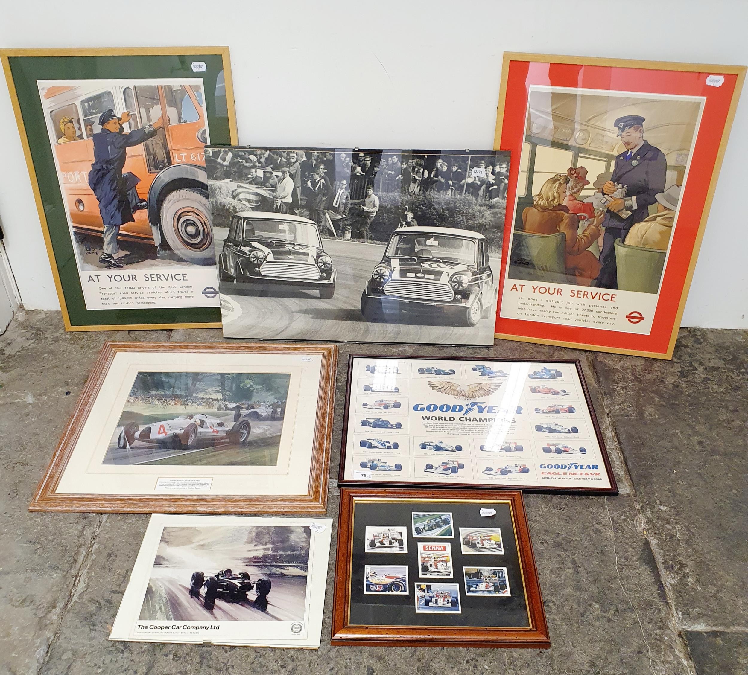 After Graham Turner, a print, 1938 Donnington Grand Prix, 30 x 38 cm, a photograph of two Minis