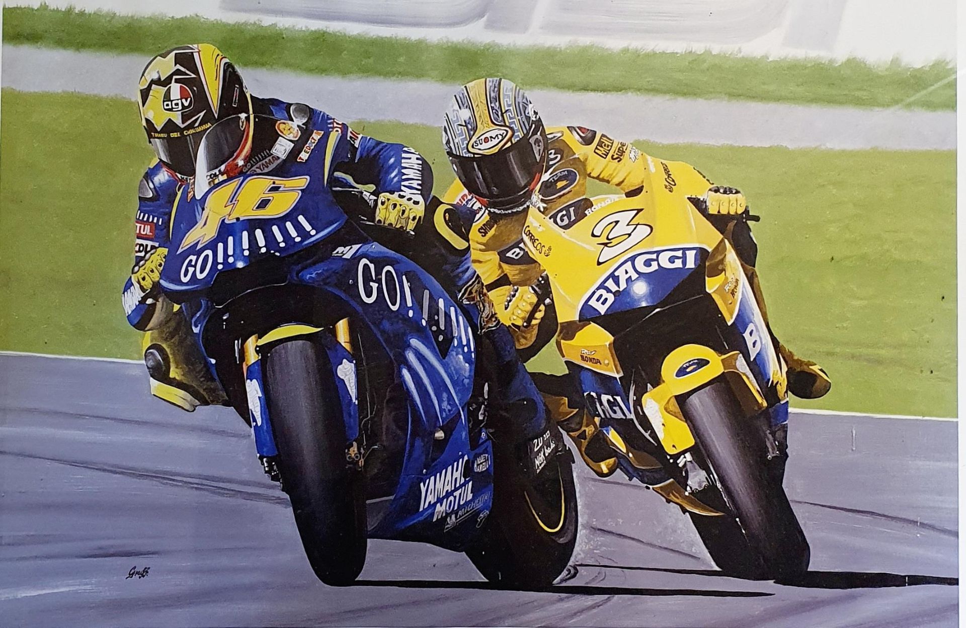 A Gareth 'Gruff' Jones limited edition print, New Challenge, Old Rivals, Rossi and Biaggi, 180/