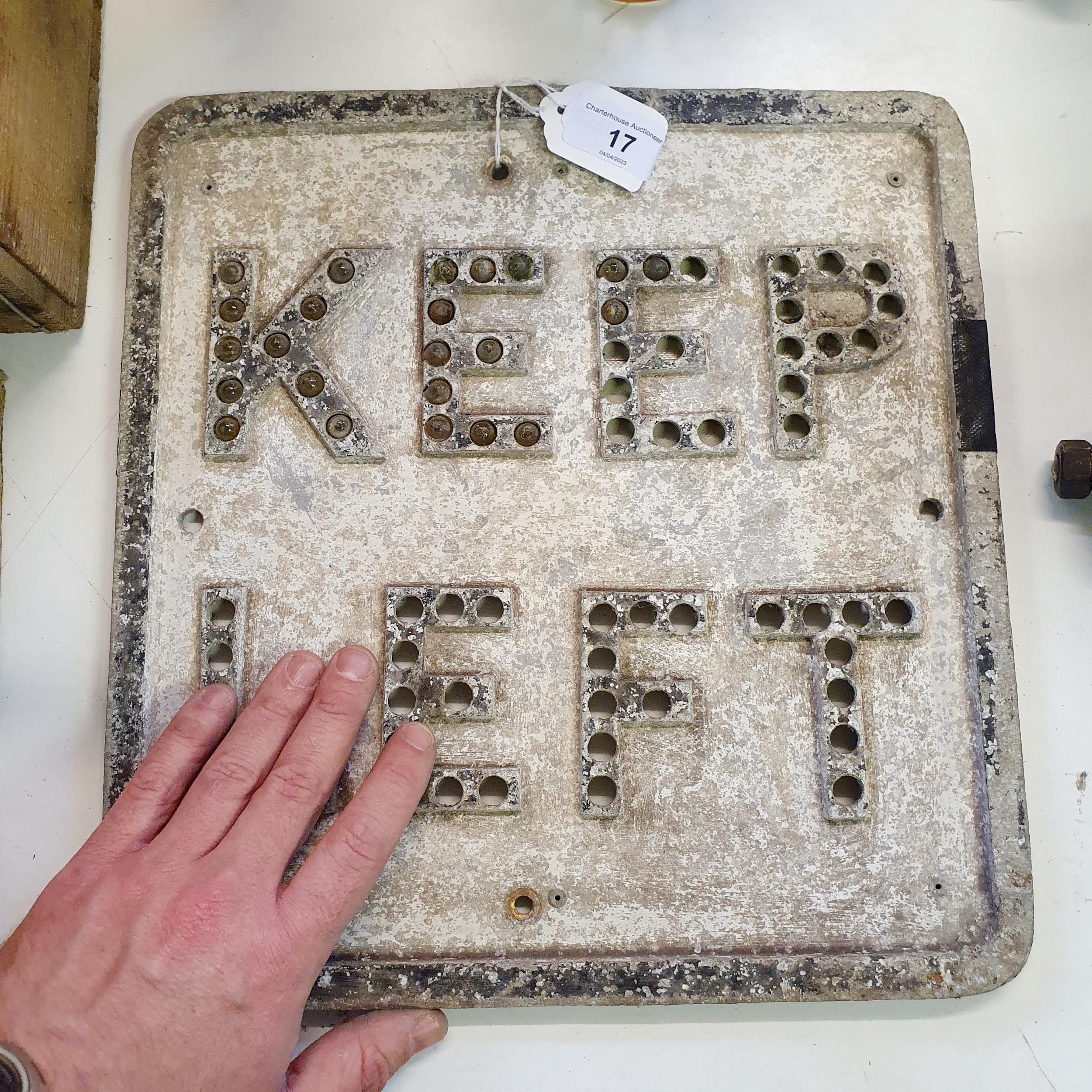 An early aluminium Keep Left sign, lacking paint and most of the reflectors, 33 x 30 cm - Image 2 of 4