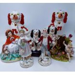 A pair of Staffordshire spaniels, 32 cm high, and assorted other ceramics (8)