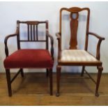 A mahogany armchair, an oak armchair, an oak drop leaf table, two single chairs, a wine table, a