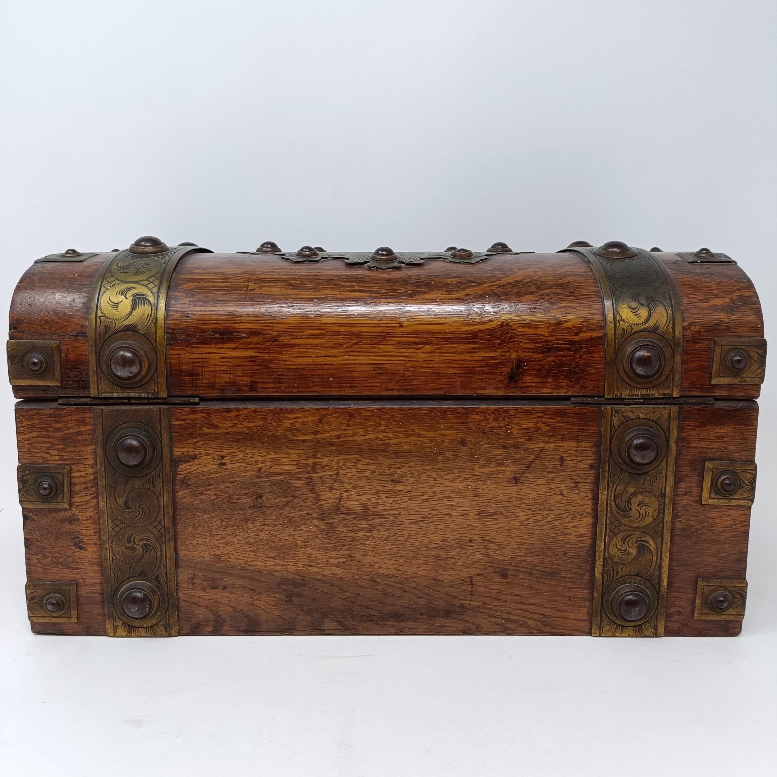 *** Withdrawn***A 19th century oak and brass bound tea caddy, with a hinge lid to reveal - Image 8 of 11