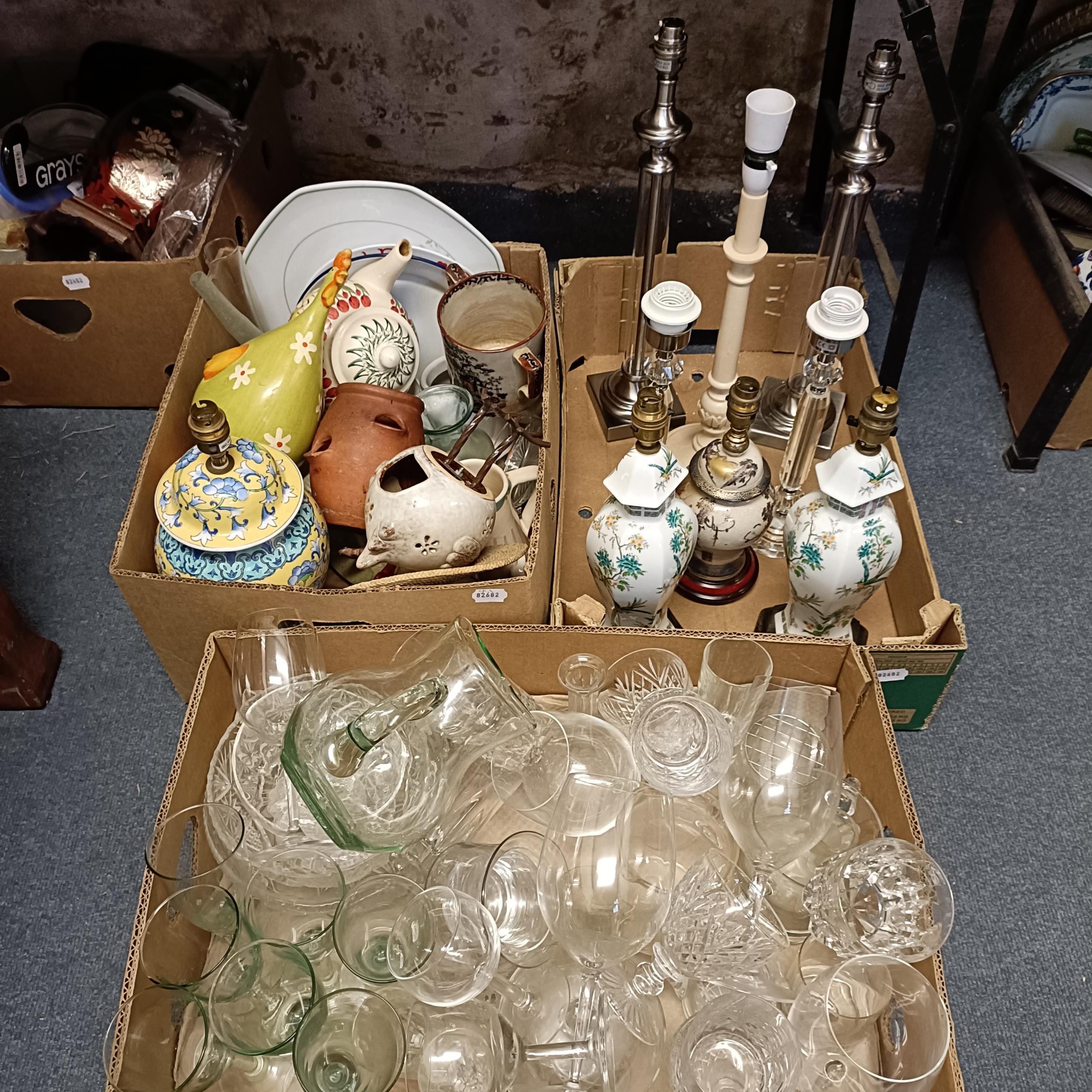 A Chinese style lamp base, a two handled cup, and assorted other ceramics and glass (7 boxes)