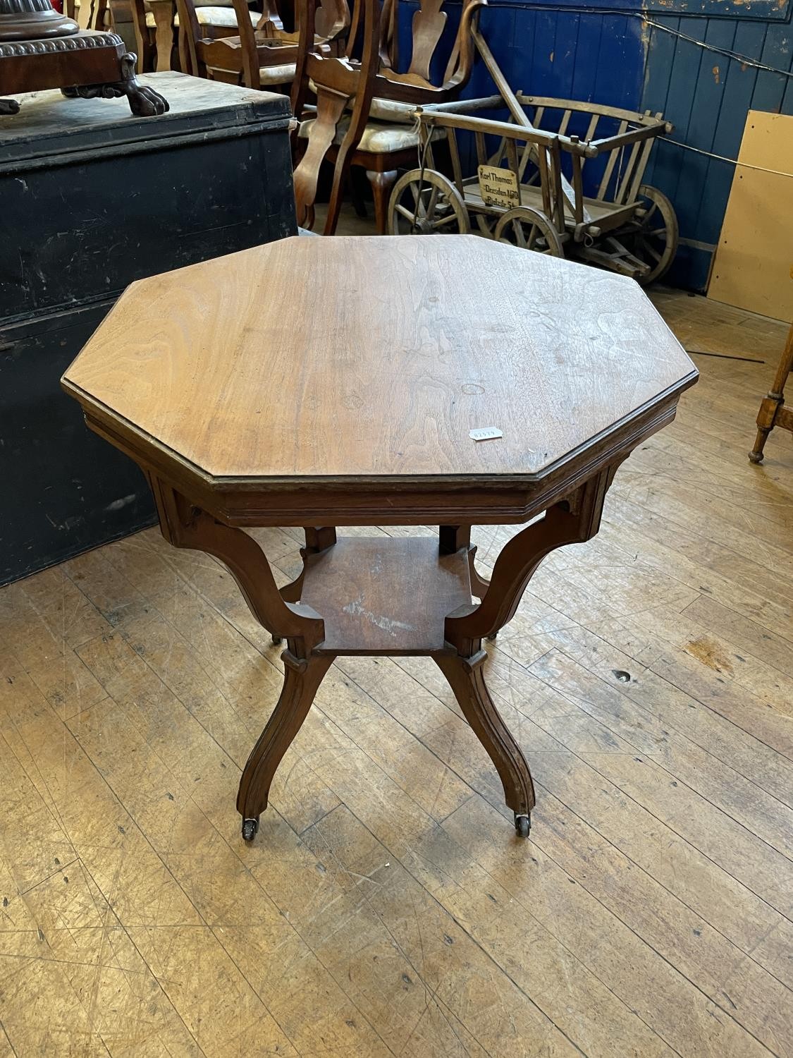 A rosewood octagonal table, 61 cm wide, an adjustable piano stool, a drop leaf table, a Benares - Image 3 of 4