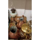 Two copper measures, an oil lamp, a kettle on stand, and other metalware (qty)