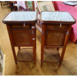 A pair of French walnut marble top bedside cupboards, makerts label Jacob Josef Kohn of Wien, 40