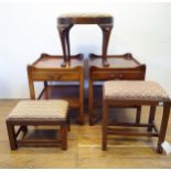 A pair of mahogany tray top bedside tables, 62 cm wide, and three stools (5)