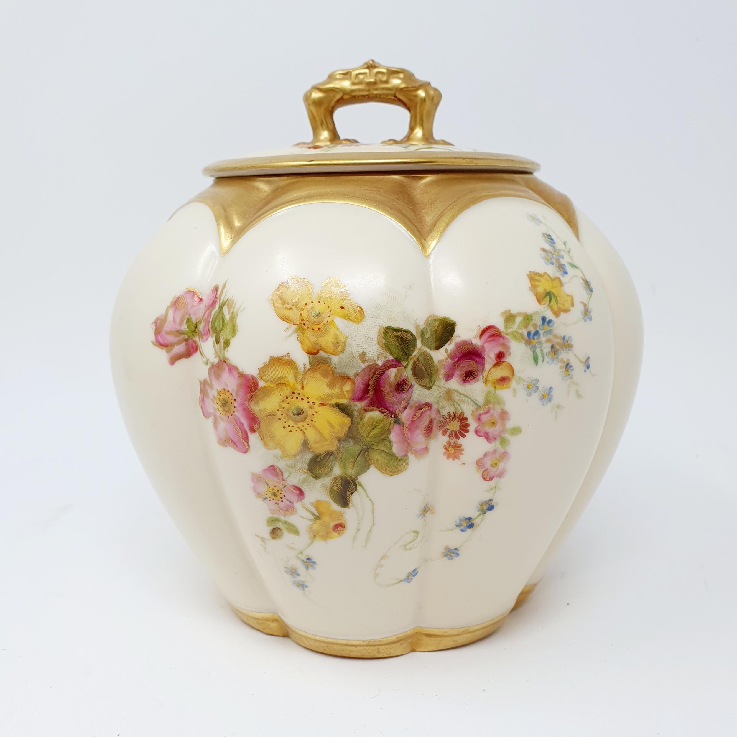 A Royal Worcester blush ivory vase and cover, decorated flowers, 19 cm high No chips, cracks or - Image 2 of 5