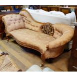 A 19th century mahogany framed button back chaise longue, with a carved pierced back, on cabriole