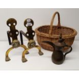 A pair of 19th century brass and iron fire dogs, and other fire side items, and two wicker baskets