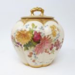 A Royal Worcester blush ivory vase and cover, decorated flowers, 19 cm high No chips, cracks or